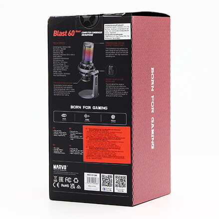 Marvo, herní/streamovací mikrofon, BLAST 60 Black, černý, RGB podsvícení, vstup pro sluchátka
