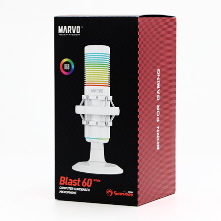 Marvo, herní/streamovací mikrofon, BLAST 60 White, bílý, RGB podsvícení, vstup pro sluchátka