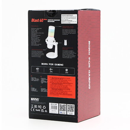 Marvo, herní/streamovací mikrofon, BLAST 60 White, bílý, RGB podsvícení, vstup pro sluchátka