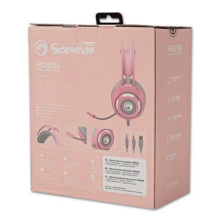 Marvo HG8936, sluchátka s mikrofonem, ovládání hlasitosti, růžová, podsvícená, 3.5 mm jack + USB