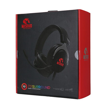 Marvo HG9052, sluchátka s mikrofonem, ovládání hlasitosti, černá, 7.1 (virtualně), červeně podsvícená, 7.1 (virtuálně) typ USB
