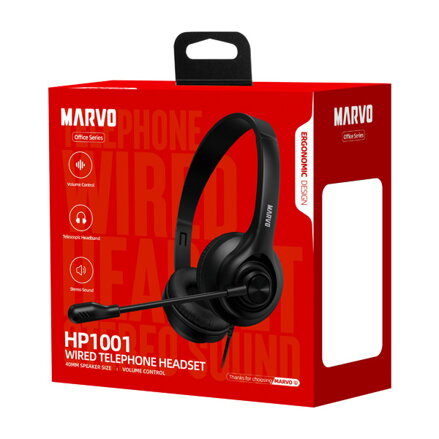 Marvo HP1001, sluchátka s mikrofonem, ovládání hlasitosti, černá, 2 x 3.5 mm Jack