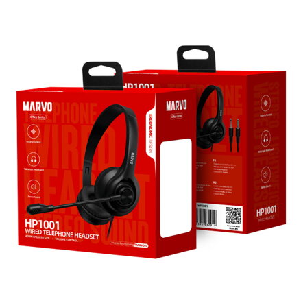 Marvo HP1001, sluchátka s mikrofonem, ovládání hlasitosti, černá, 2 x 3.5 mm Jack