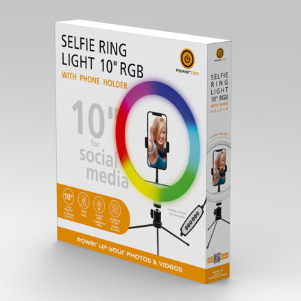 Kruhové světlo Powerton 10", RGB LED, malé, nastavení barev a svítivosti, držák telefonu a tripod