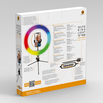 Kruhové světlo Powerton 10", RGB LED, malé, nastavení barev a svítivosti, držák telefonu a tripod