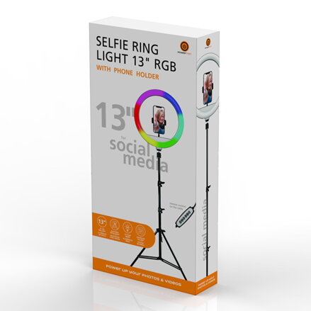 Kruhové světlo Powerton 13", RGB LED, velké, nastavení barev a svítivosti, držák telefonu a stativ