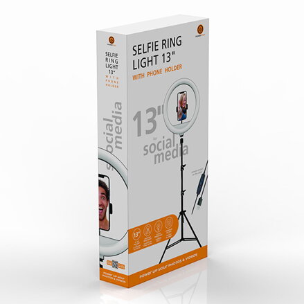 Kruhové světlo Powerton 13", bílá LED, velké, nastavení teploty a svítivosti, držák telefonu a stativ, poškozený obal typ B