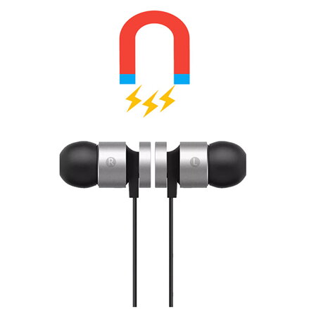Powerton bezdrátová bluetooth sluchátka W2, s magnetickým uchycením, mikrofon, ovládání hlasitosti, černo-stříbrná, sportovní typ