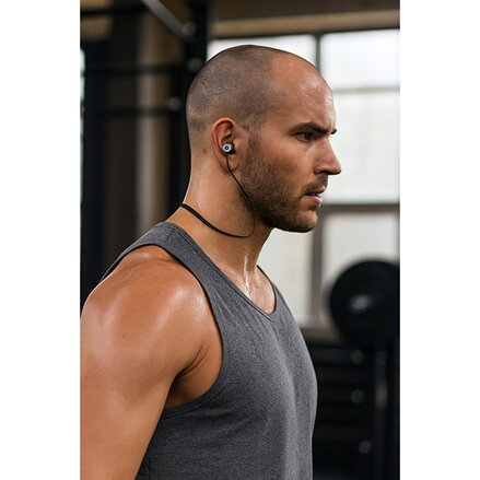 Powerton bezdrátová bluetooth sluchátka W2, s magnetickým uchycením, mikrofon, ovládání hlasitosti, černo-stříbrná, sportovní typ