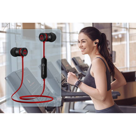 Powerton bezdrátová bluetooth sluchátka W2, s magnetickým uchycením, mikrofon, ovládání hlasitosti, černo-červená, sportovní typ b