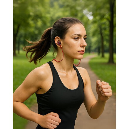Powerton bezdrátová bluetooth sluchátka W2, s magnetickým uchycením, mikrofon, ovládání hlasitosti, černo-červená, sportovní typ b