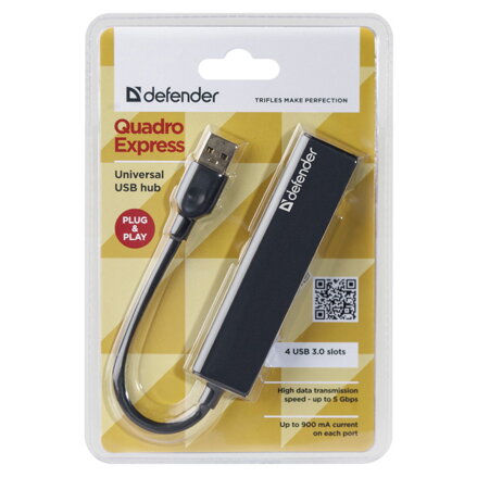 USB (3.0) HUB 4-port, Quadro Express, černý, Defender, kompaktní