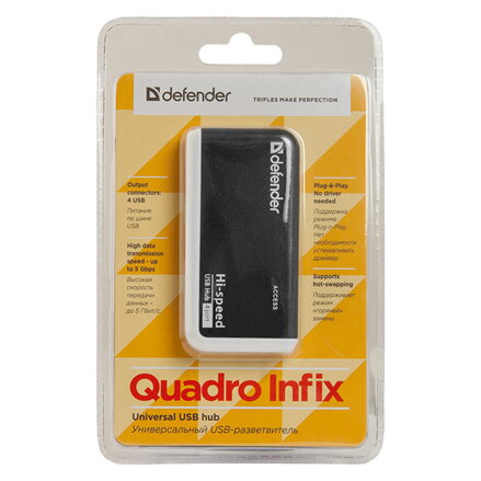 USB (2.0) hub 4-port, Quadro Infix, černo-šedá, Defender, LED indikátor, kompaktní