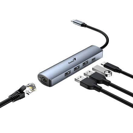 USB (3.0) hub 4-port, UH-545, šedý, Genius, 3x USB 3.0, 1x RJ45