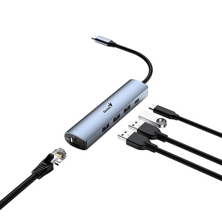 USB (3.0) hub 4-port, UH-545, šedý, Genius, 3x USB 3.0, 1x RJ45