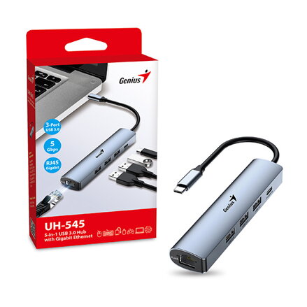 USB (3.0) hub 4-port, UH-545, šedý, Genius, 3x USB 3.0, 1x RJ45