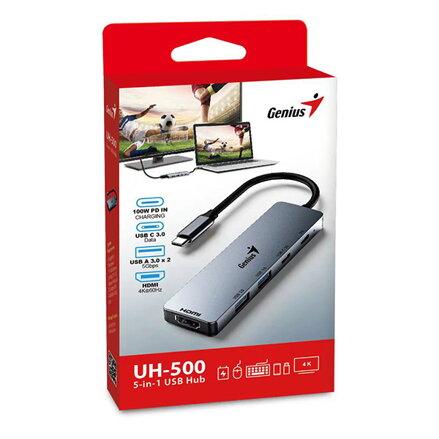 USB (3.0) hub 5-port, UH-500, šedý, Genius, 2x USB 3.0,1x HDMI,2x USB-C,Power Delivery 100W