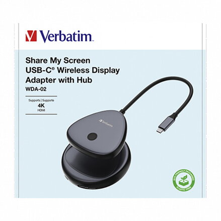 Bezdrátový adaptér USB-C s rozbočovačem WDA-02 Share My Screen 4K 32147, černý, délka kabelu 15cm, Verbatim
