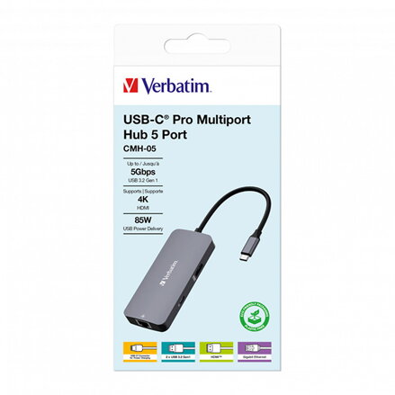 USB (3.2) hub 5-port, 32150, šedá, délka kabelu 15cm, Verbatim, 1x USB C, 2x USB A, 1x HDMI