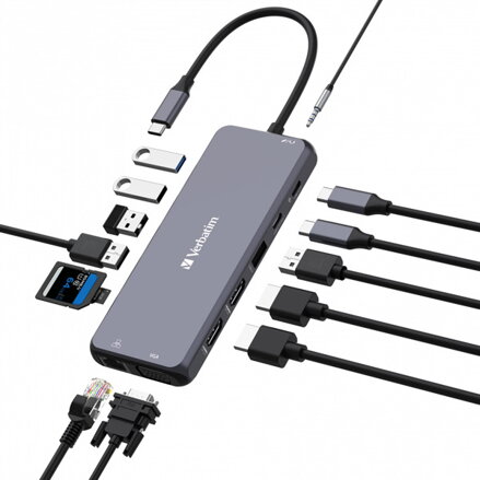 USB (3.2) hub 14-port, 32154, šedý, délka kabelu 15cm, Verbatim, 2x USB C, 5x USB A, 2x HDMI, čtečka SD/micro SD