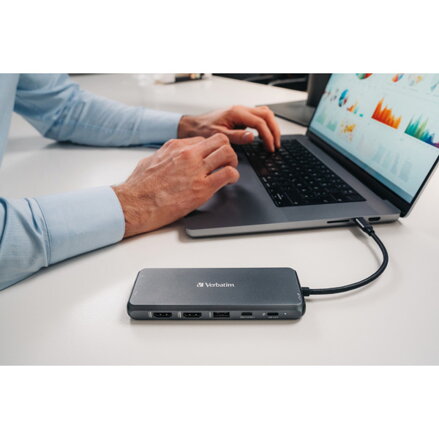 USB (3.2) hub 14-port, 32154, šedý, délka kabelu 15cm, Verbatim, 2x USB C, 5x USB A, 2x HDMI, čtečka SD/micro SD