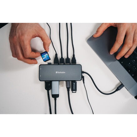 USB (3.2) hub 14-port, 32154, šedý, délka kabelu 15cm, Verbatim, 2x USB C, 5x USB A, 2x HDMI, čtečka SD/micro SD