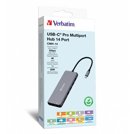 USB (3.2) hub 14-port, 32154, šedý, délka kabelu 15cm, Verbatim, 2x USB C, 5x USB A, 2x HDMI, čtečka SD/micro SD