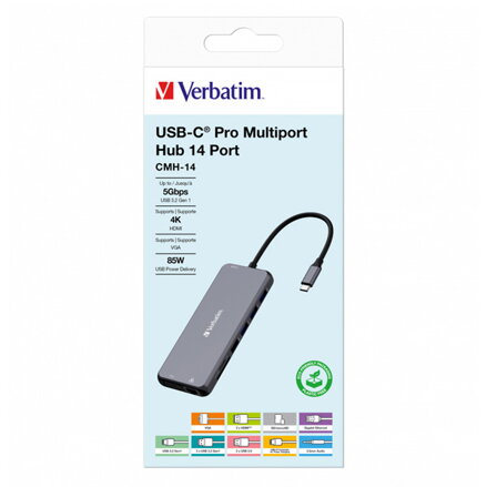USB (3.2) hub 14-port, 32154, šedý, délka kabelu 15cm, Verbatim, 2x USB C, 5x USB A, 2x HDMI, čtečka SD/micro SD