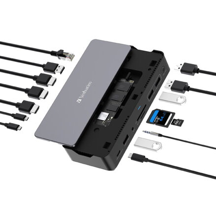 Dokovací stanice Verbatim, USB-C Pro, 15-port, 2x HDMI, RJ45, microSD, USB-A 3.1, USB-C 3.1, šedá