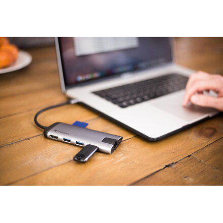 USB (3.1) hub 6-port, 49142, šedá, délka kabelu 15cm, Verbatim, 1x USB C, USB A, HDMI, Ethernet, čtečka SD