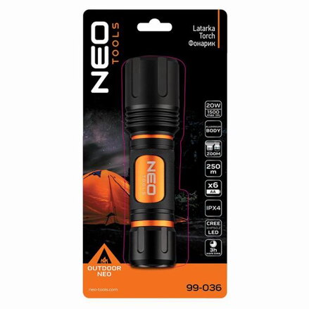 LED svítící baterka, 6xAA, hliník, černá, 1500lm, 250m, funkce zoom, 3 druhy svícení,IPX4