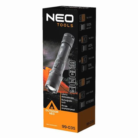 Dobíjecí svítilna, 1xLED, 1x2200 mAh, hliník, černá, 1000lm, 250m, IPX4, funkce zoom