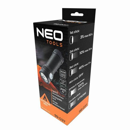 LED dobíjecí baterka, 1x4000 mAh, hliník, černá, 3300lm, 220m, funkce zoom, 3 druhy svícení,IPX4, USB dobíjení