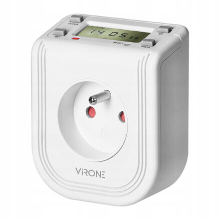 Zásuvka s elektronickým časovačem 230V, 50Hz, 3680W, bílá, Virone, IP20, Horní LCD displej, 16 časových programů, baterie