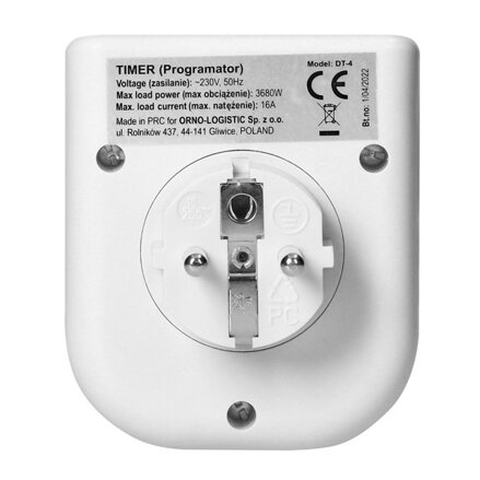 Zásuvka s elektronickým časovačem 230V, 50Hz, 3680W, bílá, Virone, IP20, Horní LCD displej, 16 časových programů, baterie