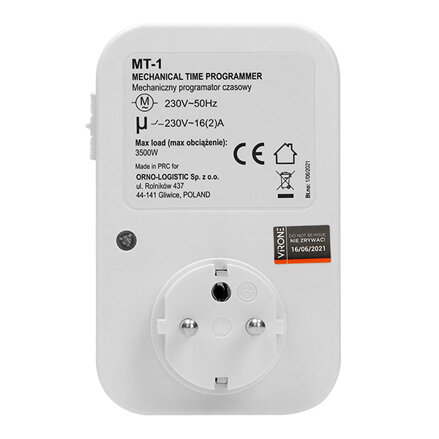 Zásuvka s mechanickým 24h časovačem 230V, 50Hz, MAX.3500W, bílá, Virone, IP20, časovač