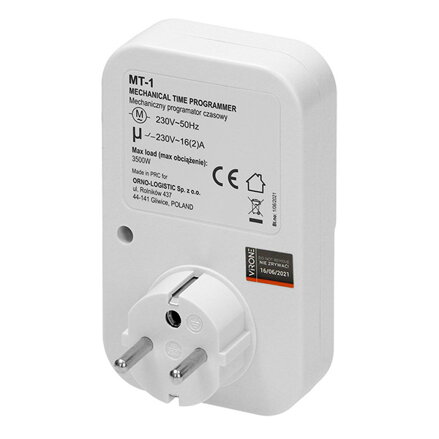 Zásuvka s mechanickým 24h časovačem 230V, 50Hz, MAX.3500W, bílá, Virone, IP20, časovač