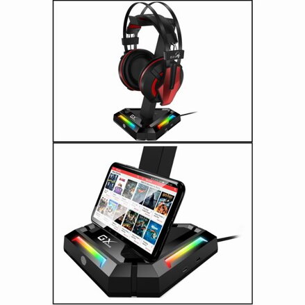 Genius RGB podsvícený stojan na sluchátka GX-UH100, 2x USB-A 2x USB-C HUB, černý