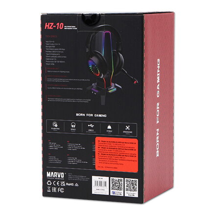 Marvo Podsvícený stojan na sluchátka KOBE 30, 3x USB 2.0 HUB, černý