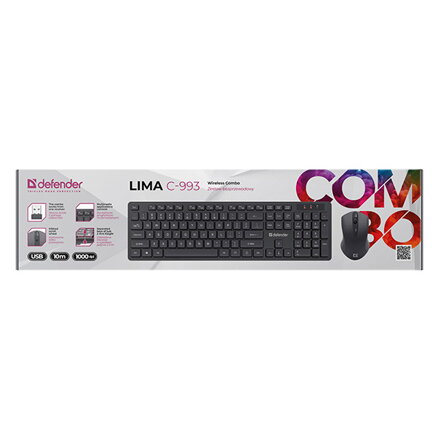 Defender LIMA C-993, sada klávesnice s bezdrátovou myší, US, multimediální, 2.4 [GHz], černá