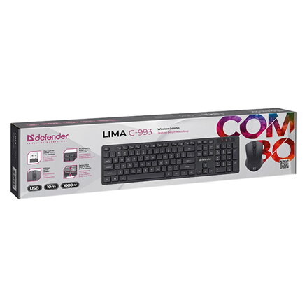 Defender LIMA C-993, sada klávesnice s bezdrátovou myší, US, multimediální, 2.4 [GHz], černá