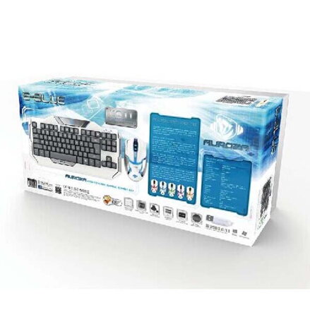 E-BLUE Auroza, Sada klávesnice s optickou herní myší, US, herní, drátová (USB), bílá