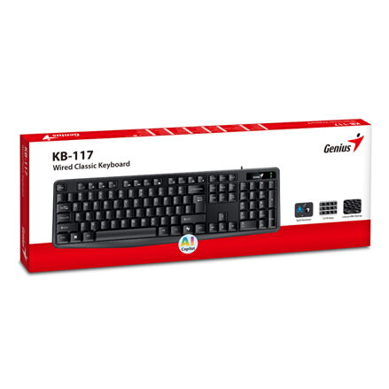 Genius KB-117 COPILOT, klávesnice CZ/SK, klasická, voděodolná typ drátová (USB), černá, ne