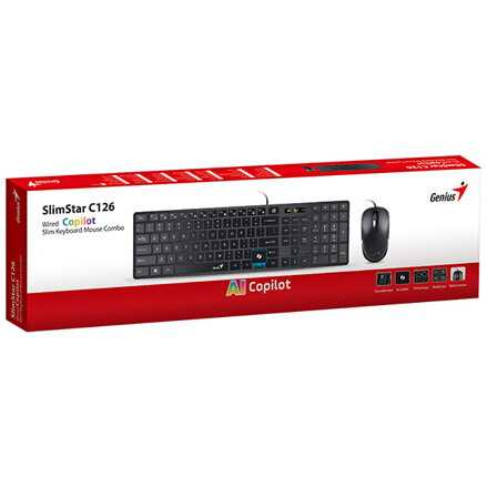Genius SlimStar C126 COPILOT, sada klávesnice s optickou myší, CZ/SK, drátová (USB), černá, nízkoprofilová