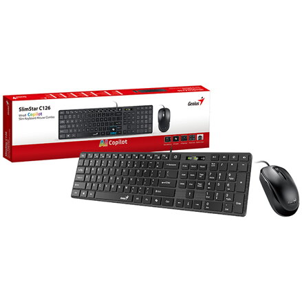 Genius SlimStar C126 COPILOT, sada klávesnice s optickou myší, CZ/SK, drátová (USB), černá, nízkoprofilová