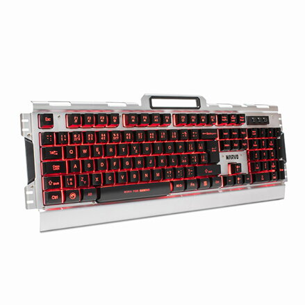 Marvo CM303, Sada klávesnice s herní myší a sluchátky, CZ/SK, herní, membránová typ drátová (USB), stříbrná, podsvícená