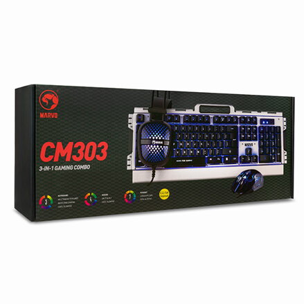 Marvo CM303, Sada klávesnice s herní myší a sluchátky, CZ/SK, herní, membránová typ drátová (USB), stříbrná, podsvícená