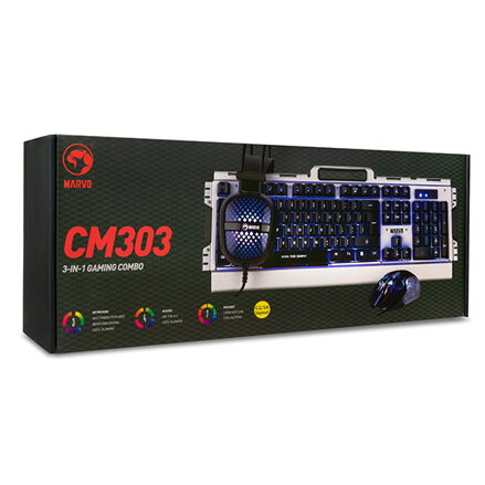Marvo CM303, Sada klávesnice s herní myší a sluchátky, US, herní, membránová typ drátová (USB), černo-stříbrná, podsvícená