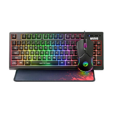 Marvo CM310 EN, RGB sada klávesnice s herní myší a podložkou, US, herní, membránová typ drátová (USB), černá, podsvícená