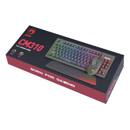 Marvo CM310 EN, RGB sada klávesnice s herní myší a podložkou, US, herní, membránová typ drátová (USB), černá, podsvícená